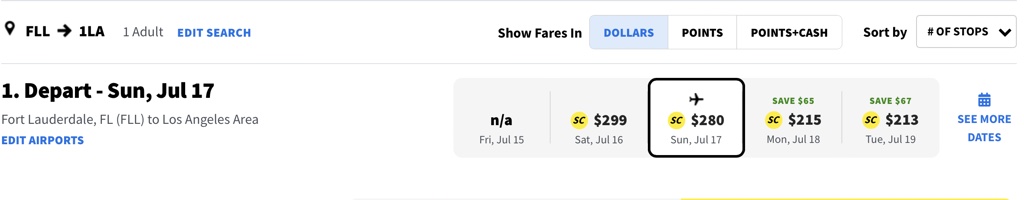 spirit airlines points value FLL-LAX cash