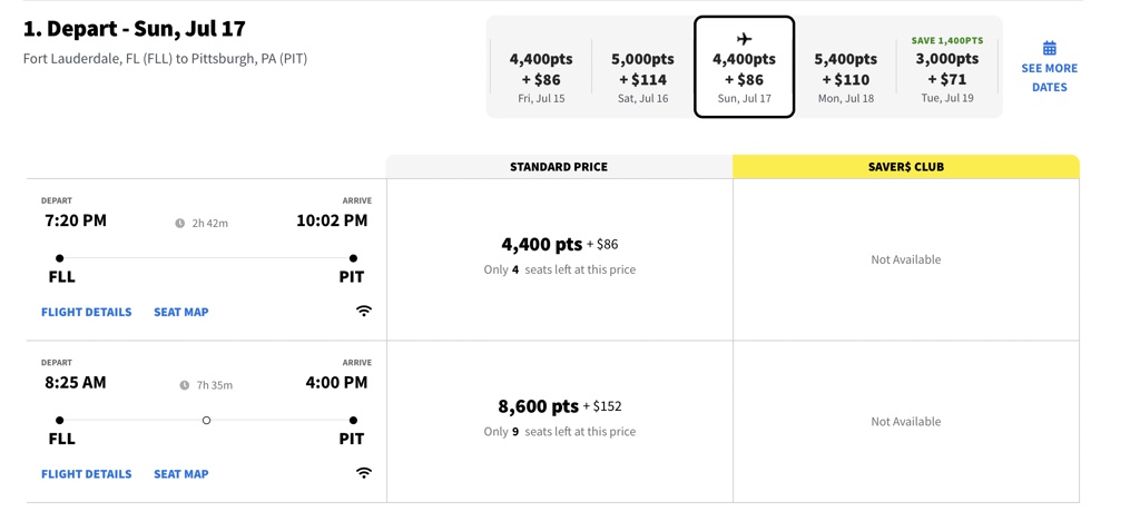 spirit airlines points value FLL-PIT points and cash