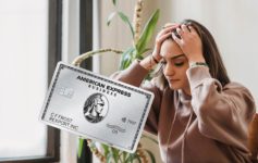 a woman holding her head and a credit card