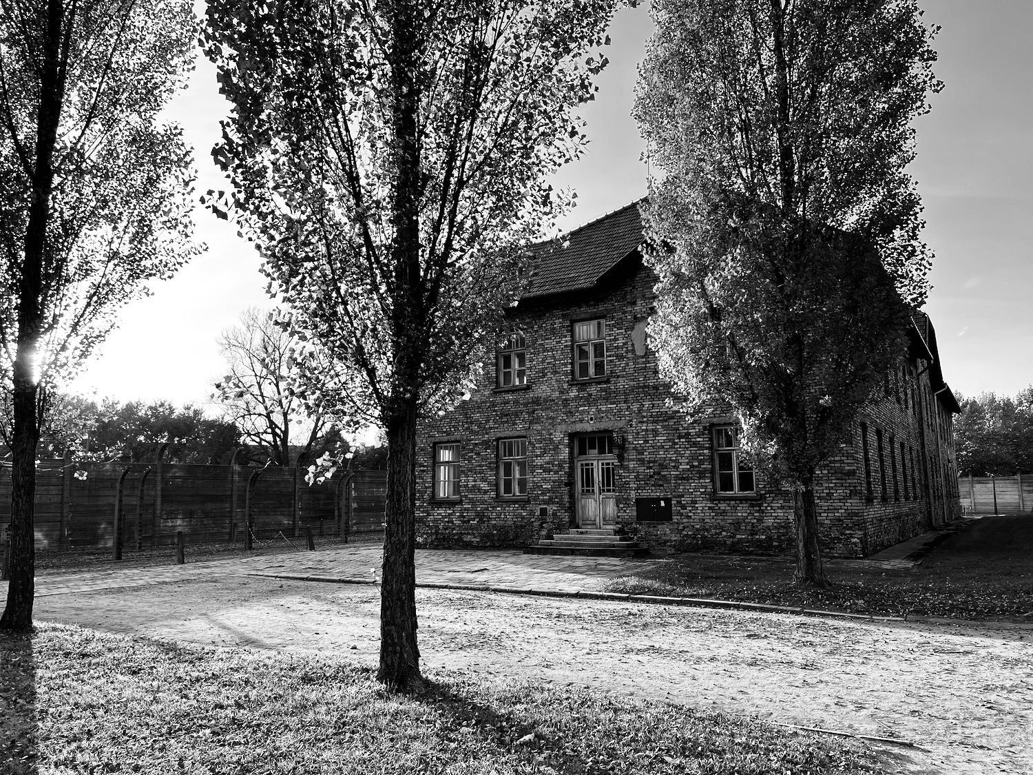 a brick house with trees in front of it