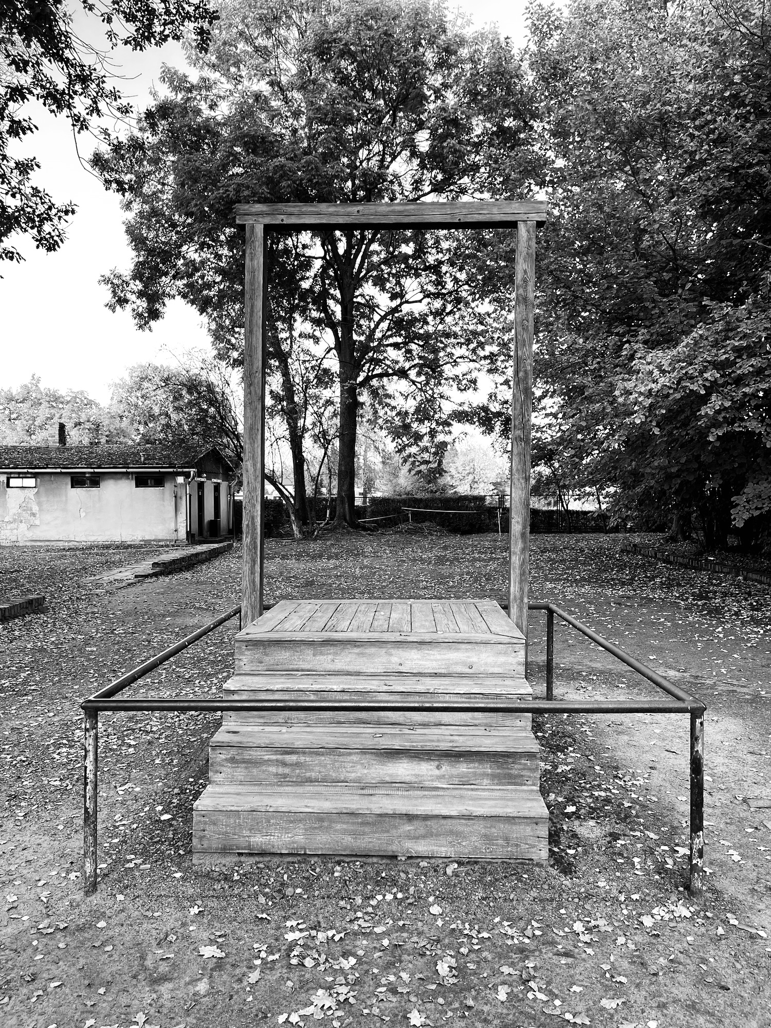 a wooden structure with metal railings