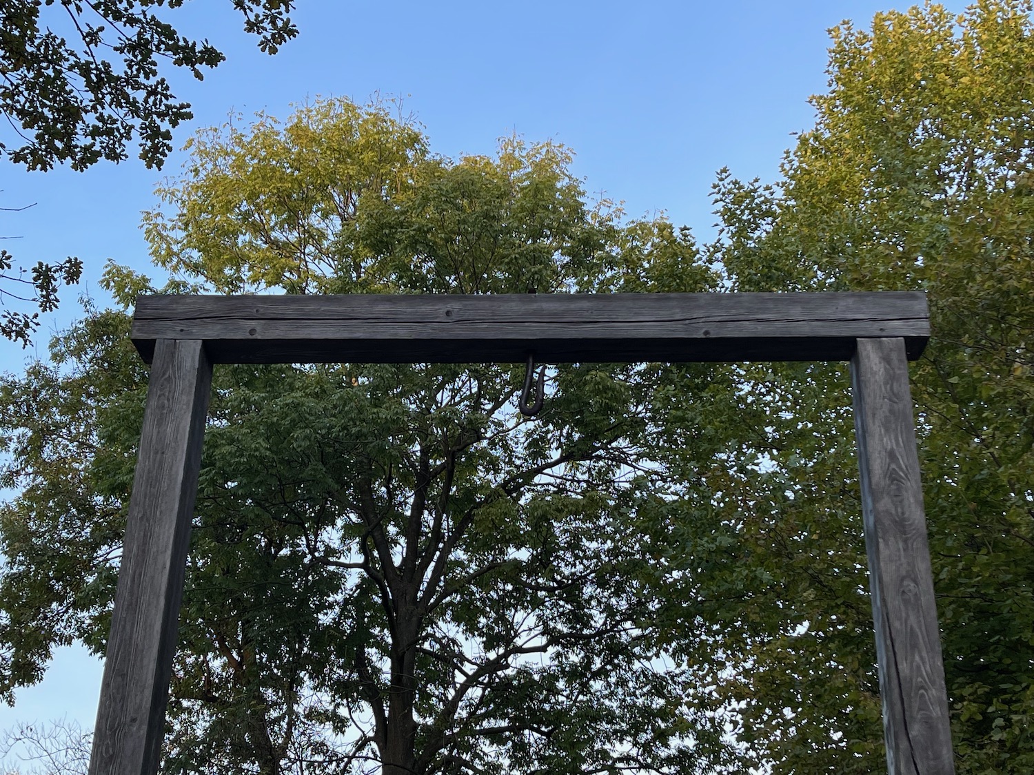 a wooden frame with trees in the background