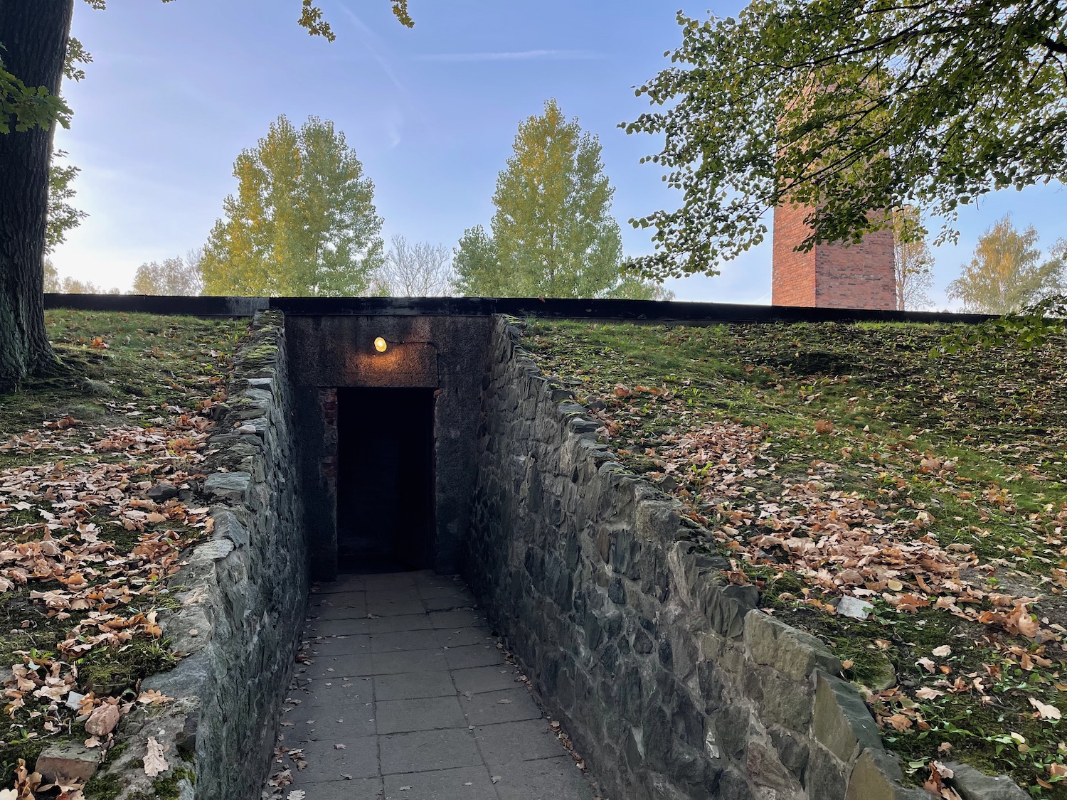 a stone tunnel with a light on the top of it