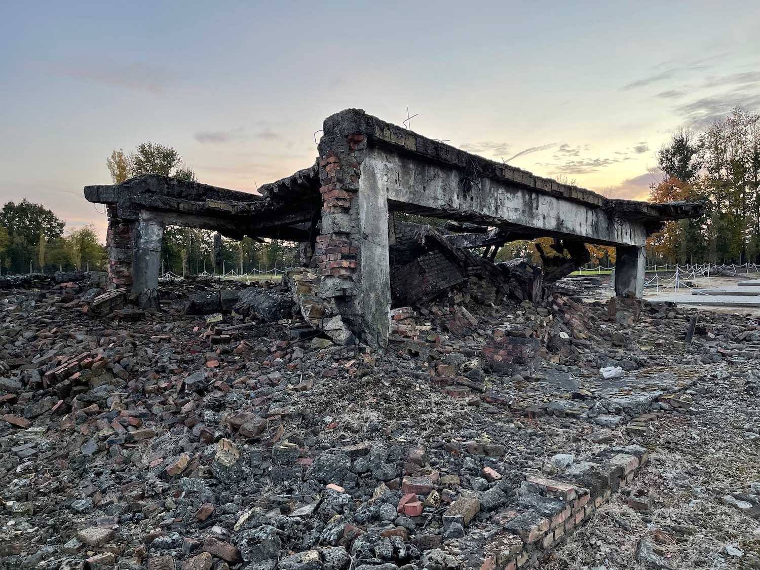 a destroyed building with rubble and debris