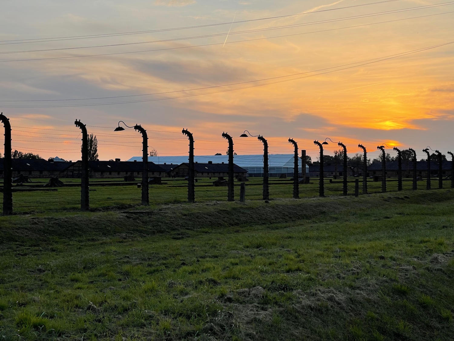 a fenced in area with grass and a sunset