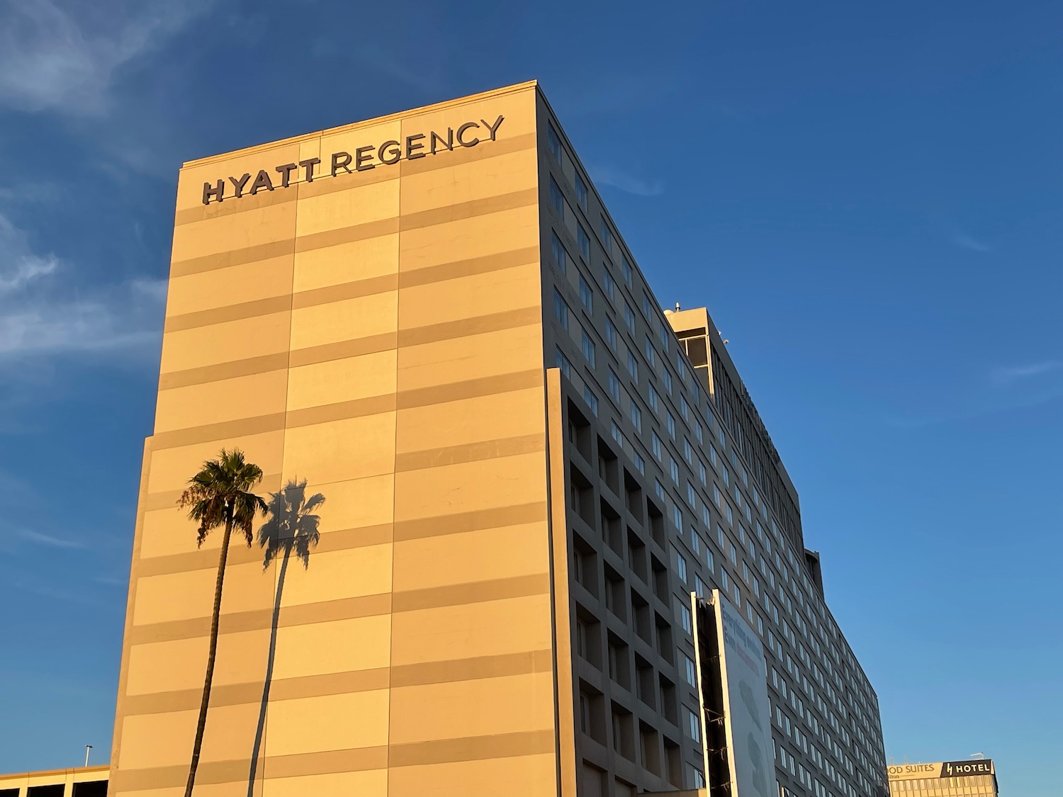 a building with palm trees