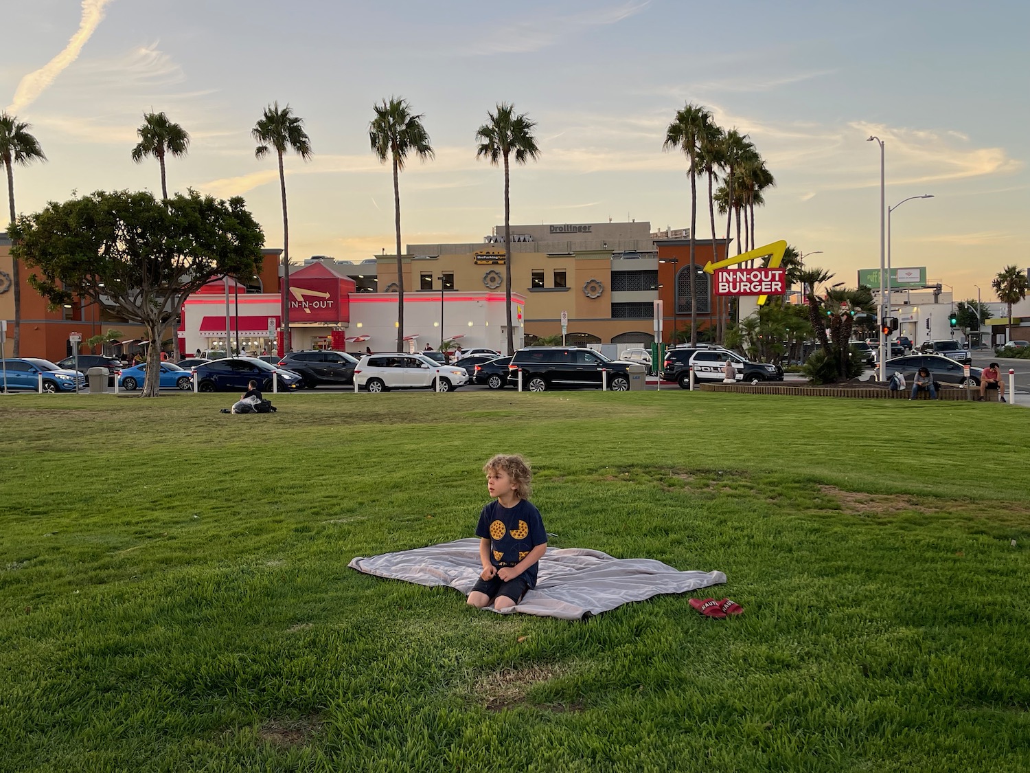 a child sitting on a blanket in a park