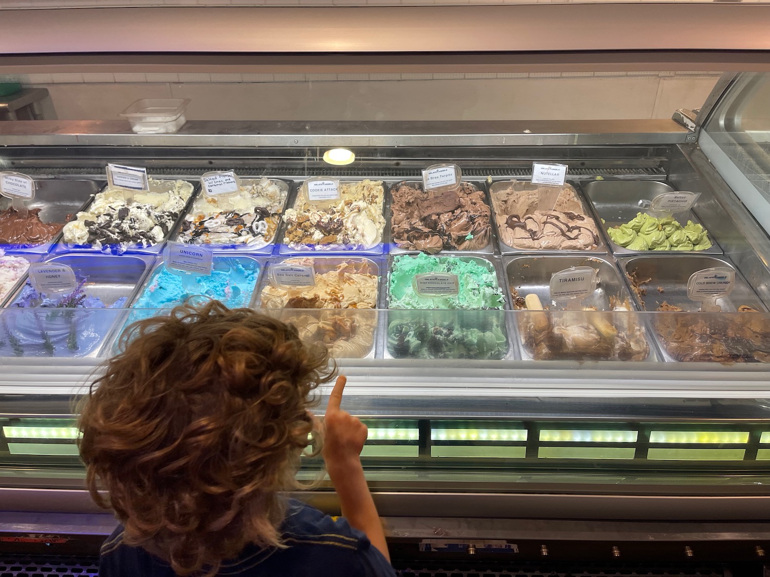 a person pointing at a display case of ice cream