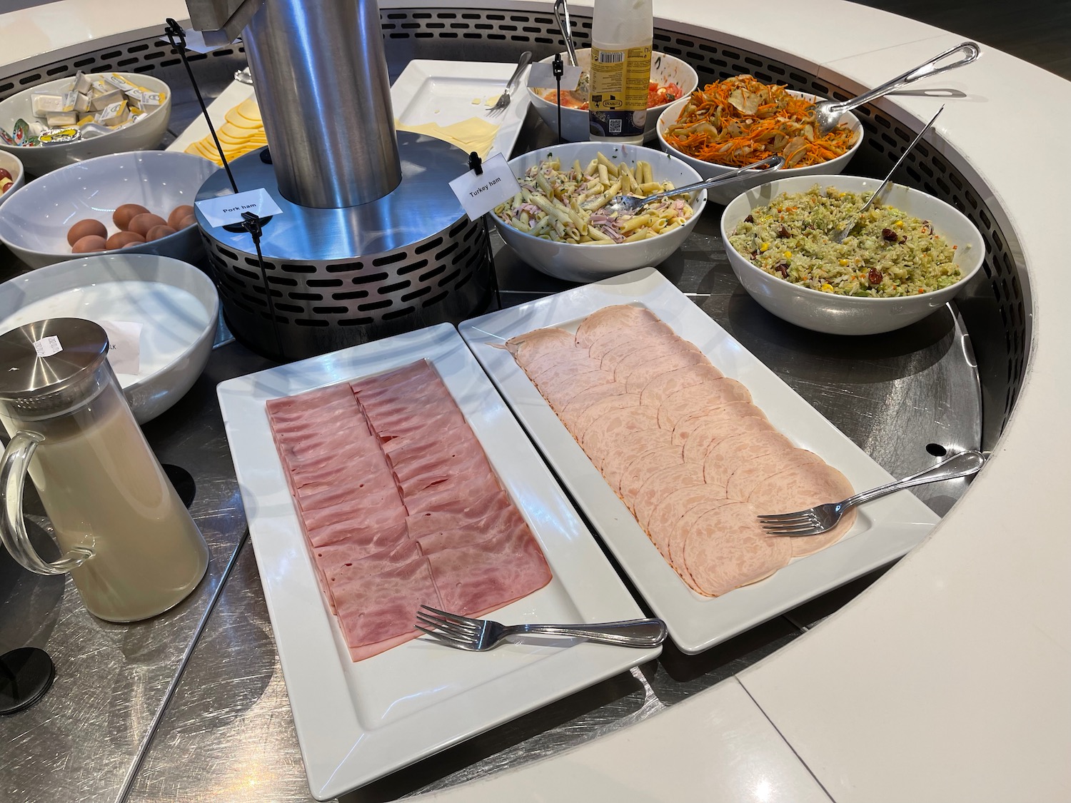 a buffet table with different food items