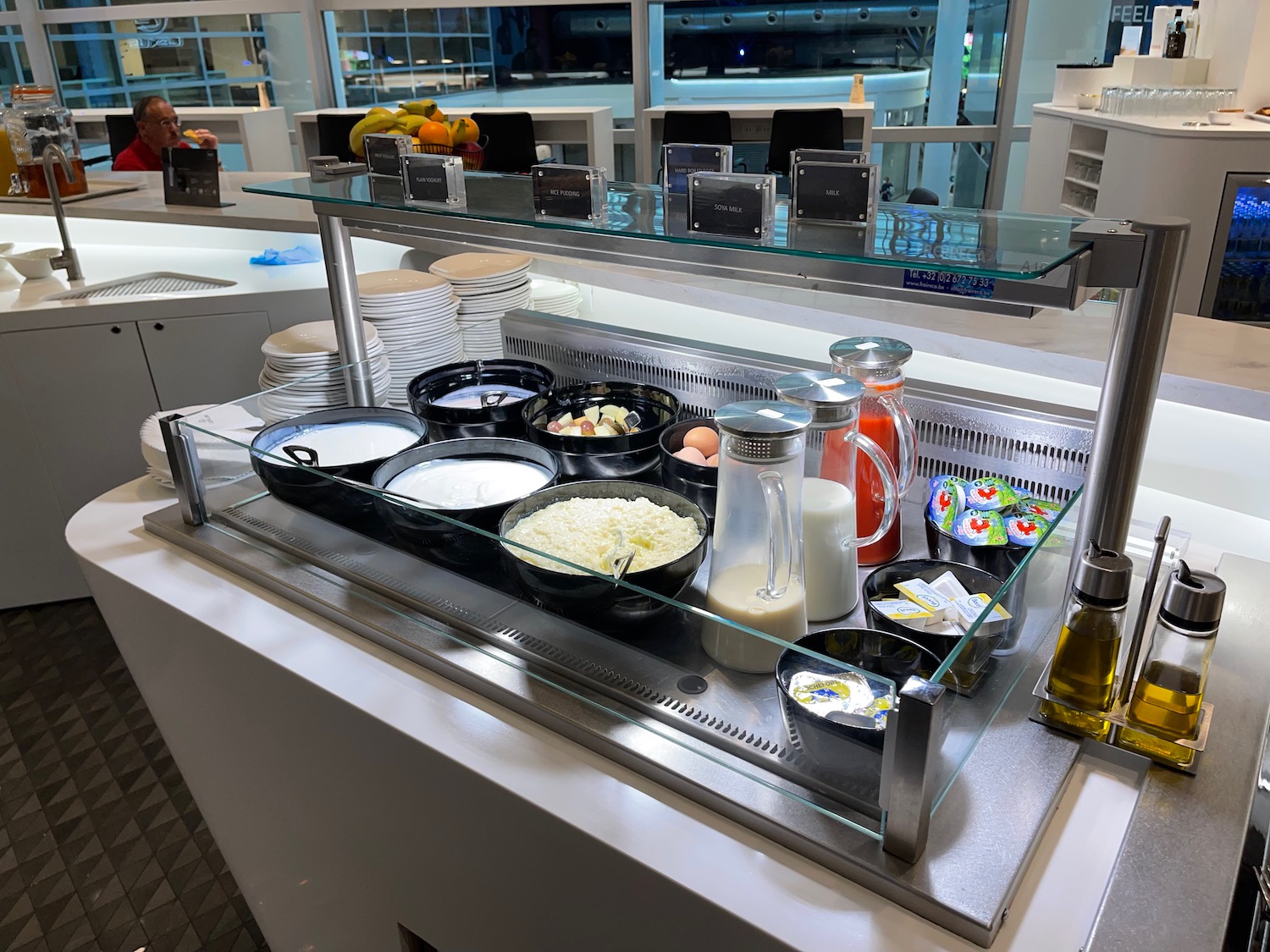 a counter with bowls of food