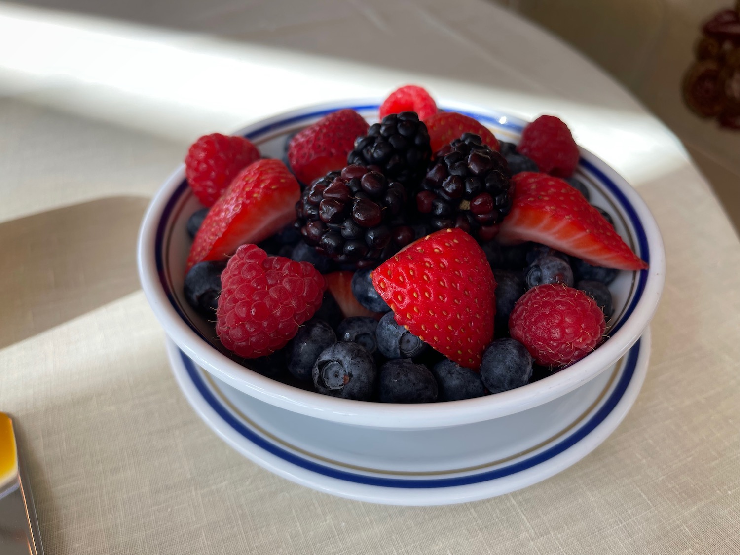 a bowl of fruit on a table