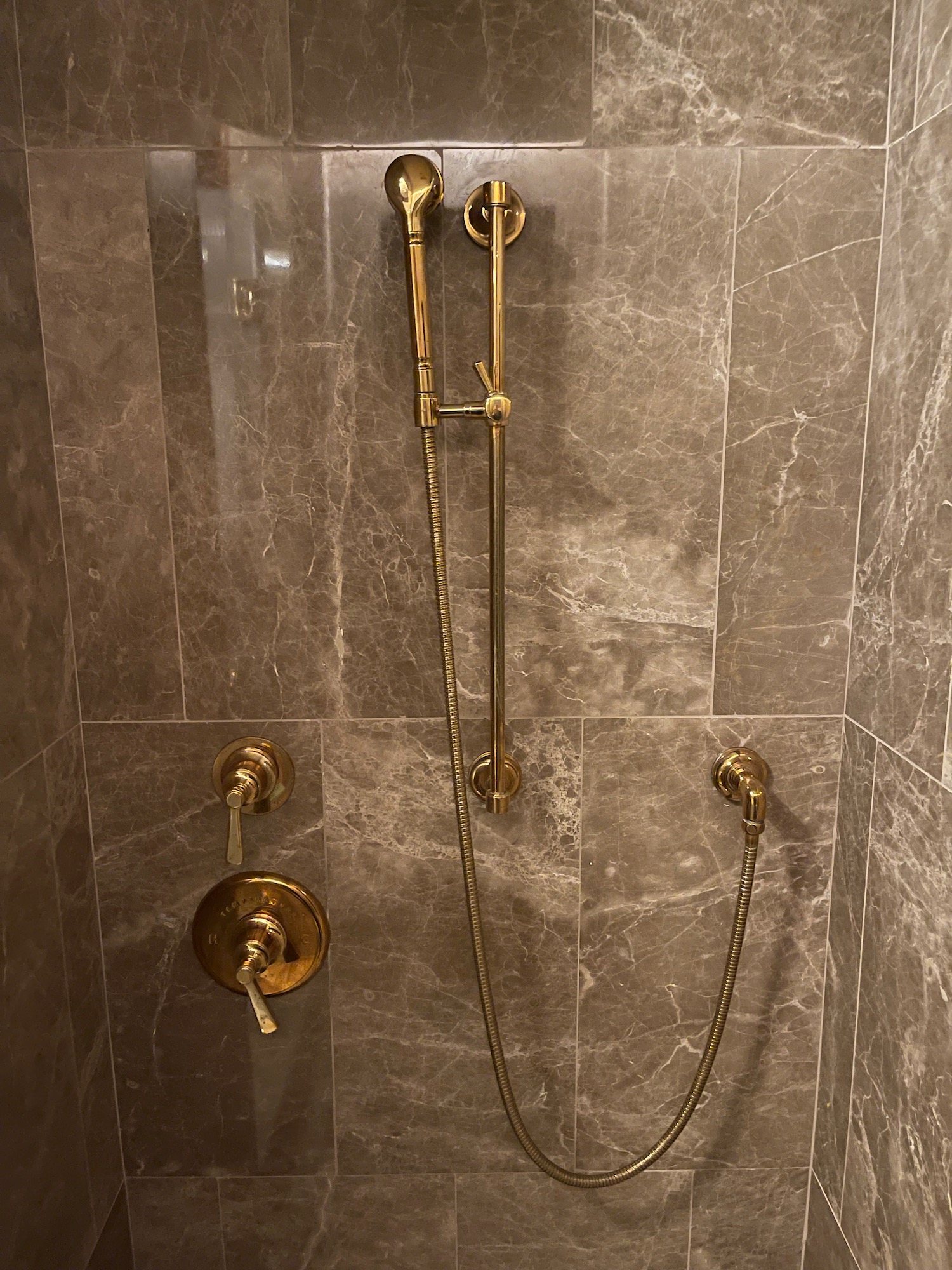 a shower with gold fixtures