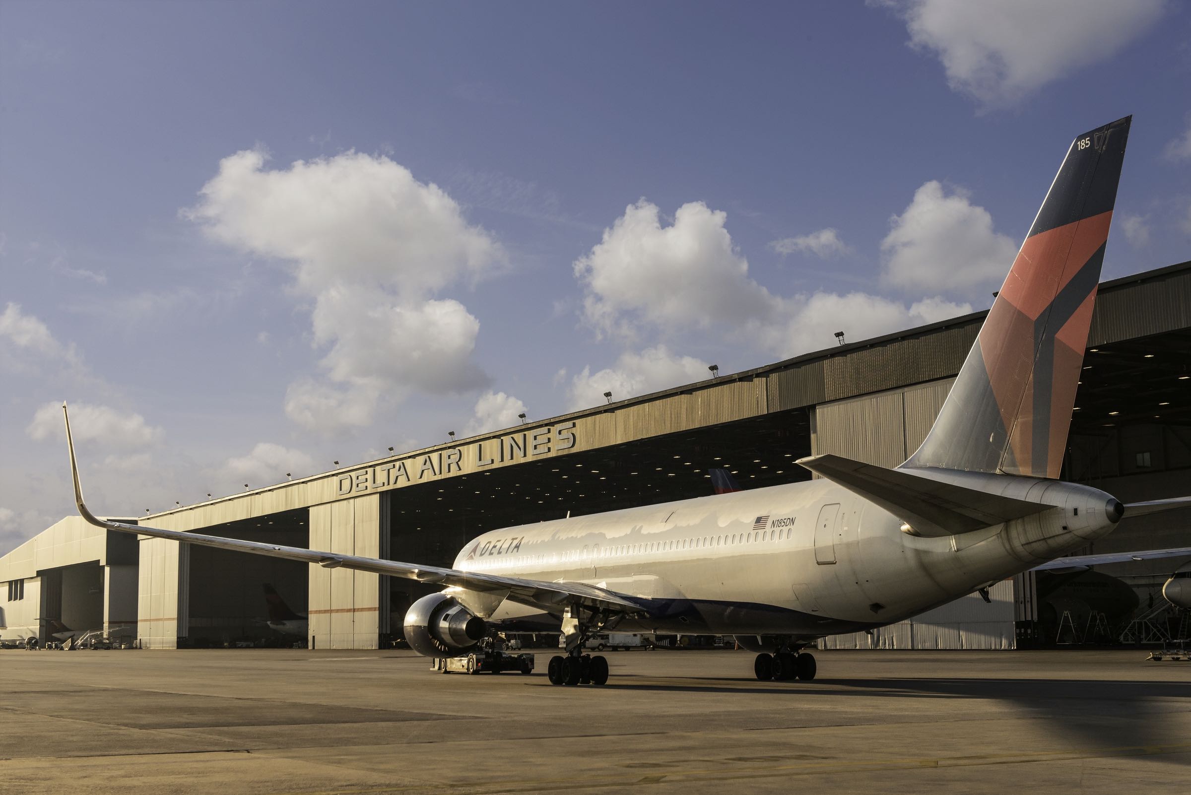 an airplane parked in a hangar