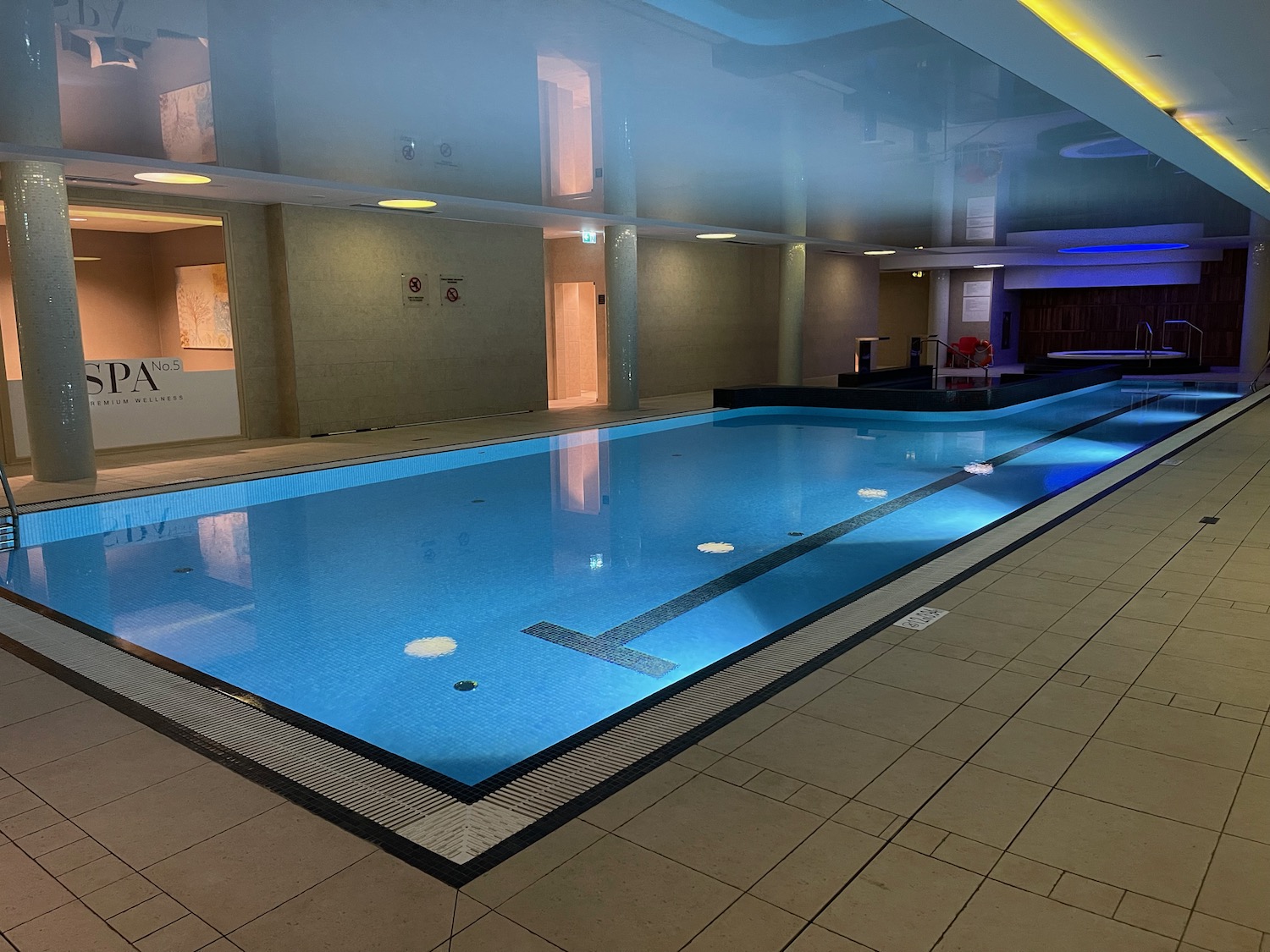 a indoor swimming pool with a glass ceiling