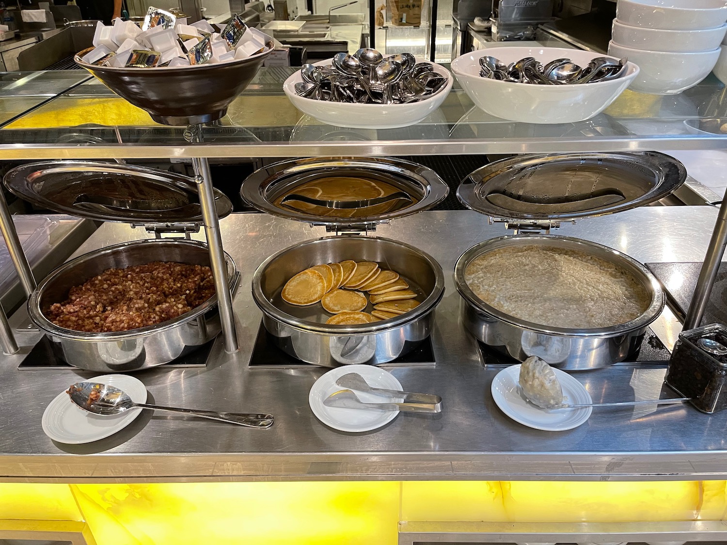 a buffet with food on the counter