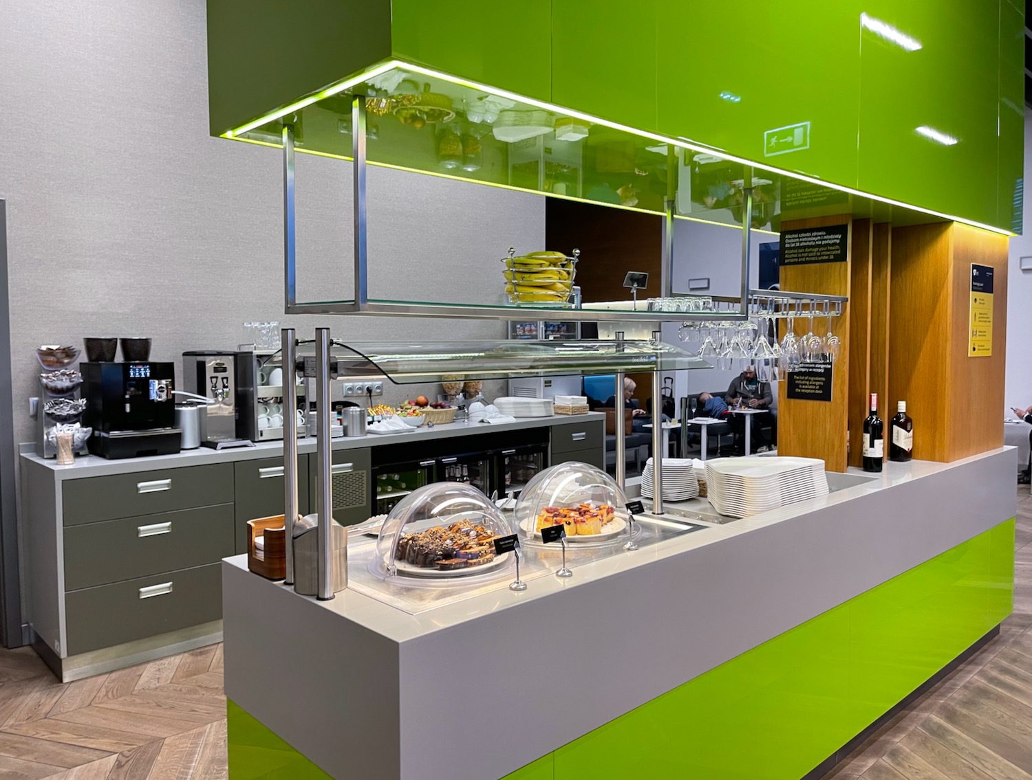 a green and white counter with food on it