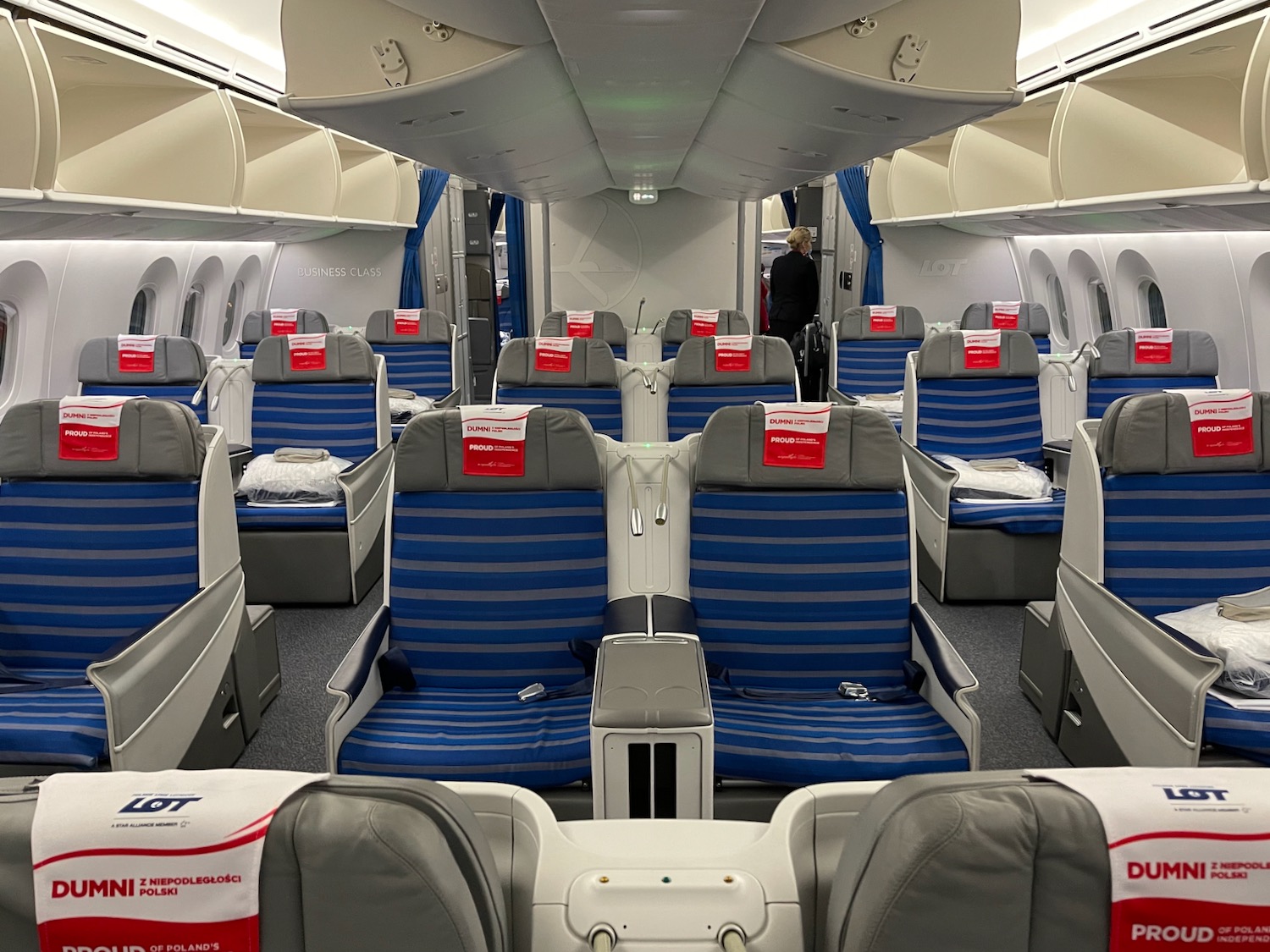 a plane with blue and white seats