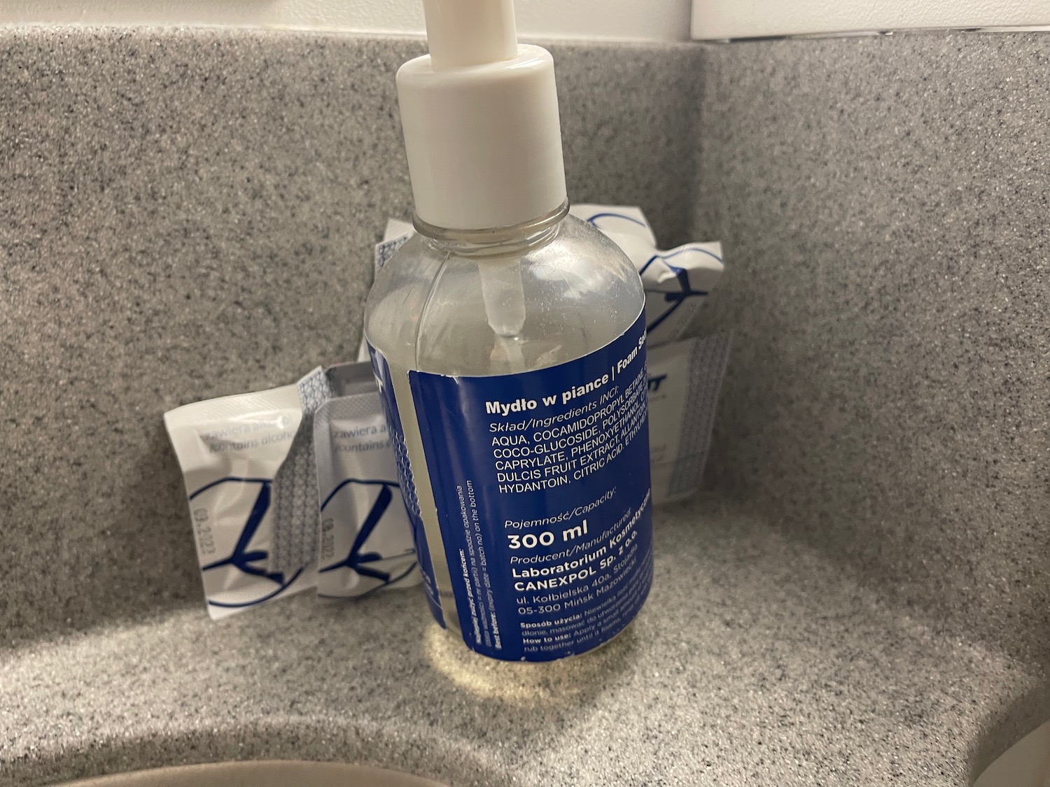 a bottle of liquid on a counter