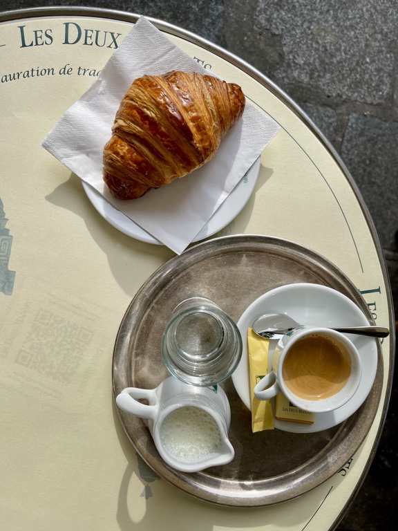 Les Deux Magots croissant and espresso