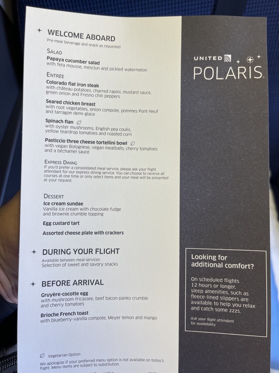 United Polaris Washington Dulles Paris menu