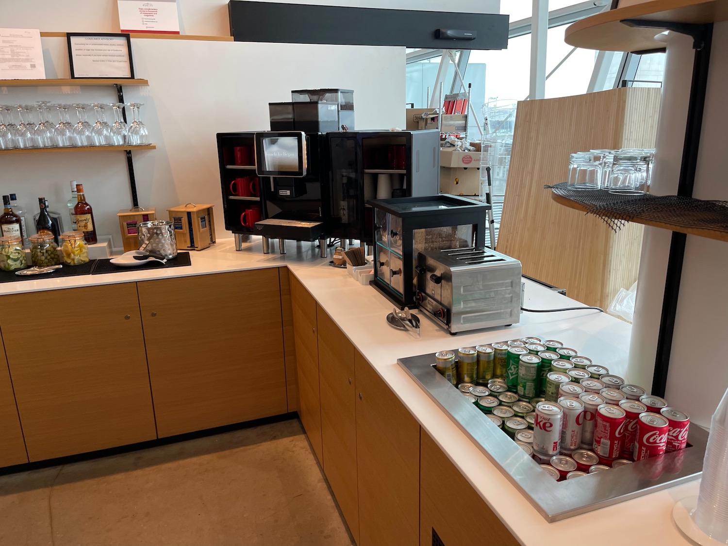 a counter with a variety of beverages