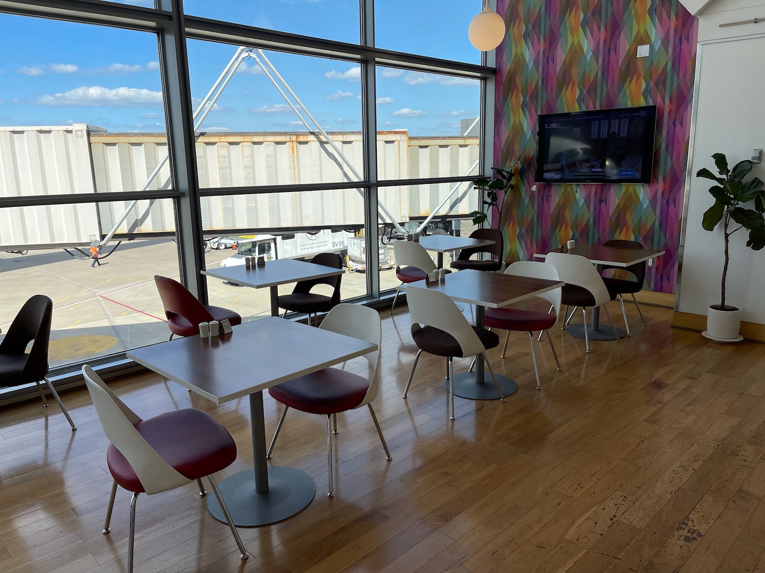 a room with tables and chairs