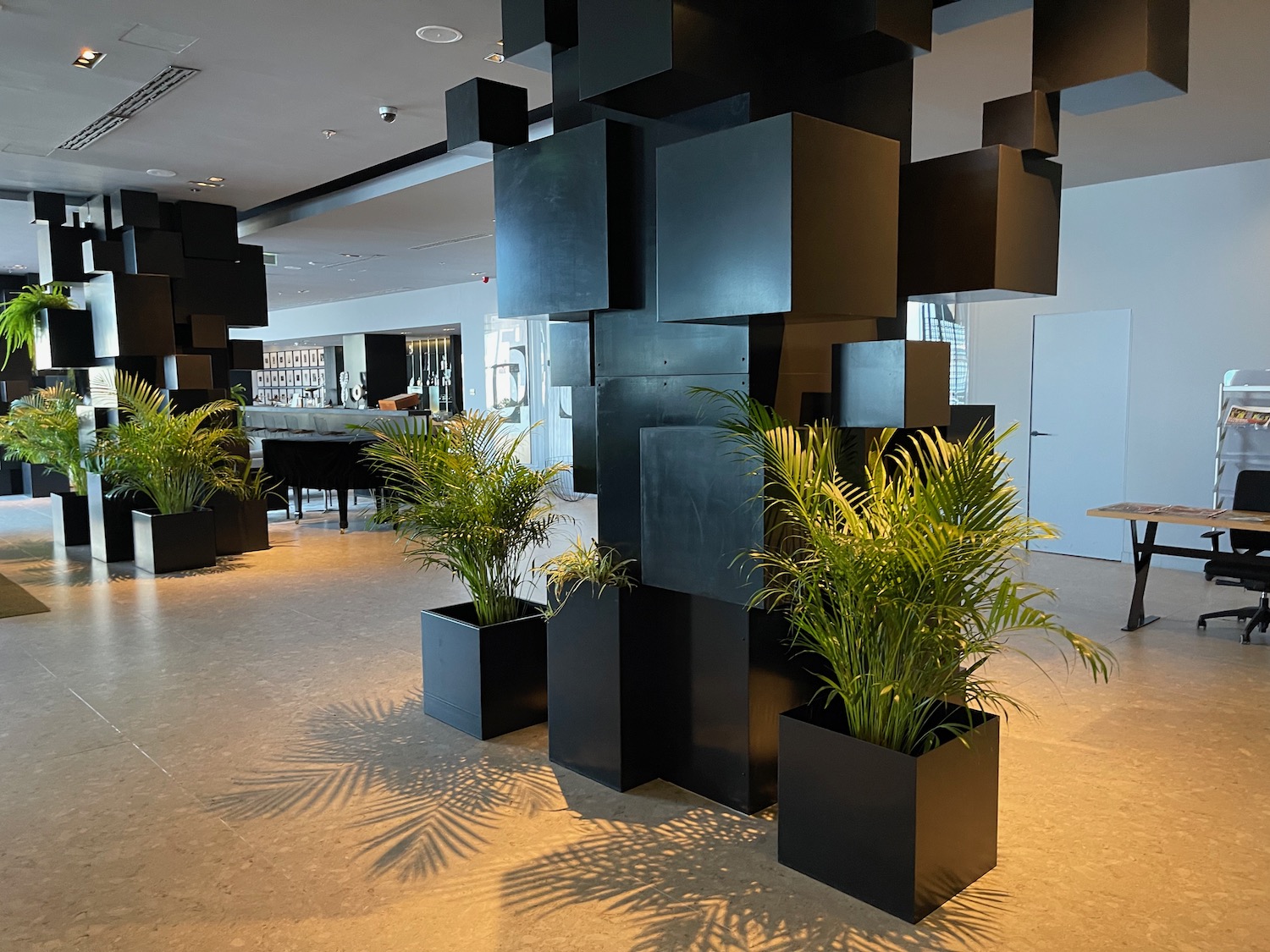 a room with black cubes and plants