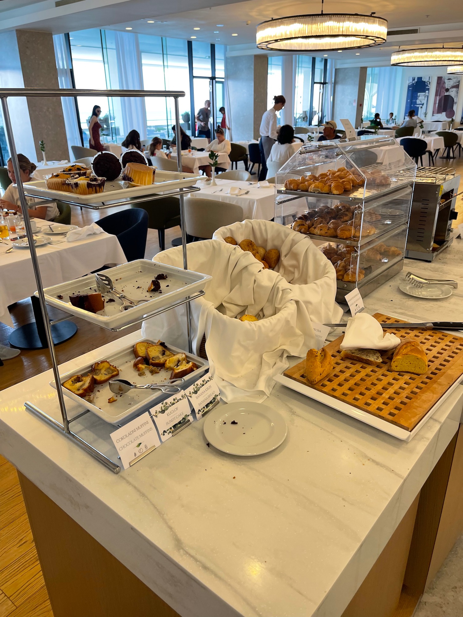 a buffet table with food on it