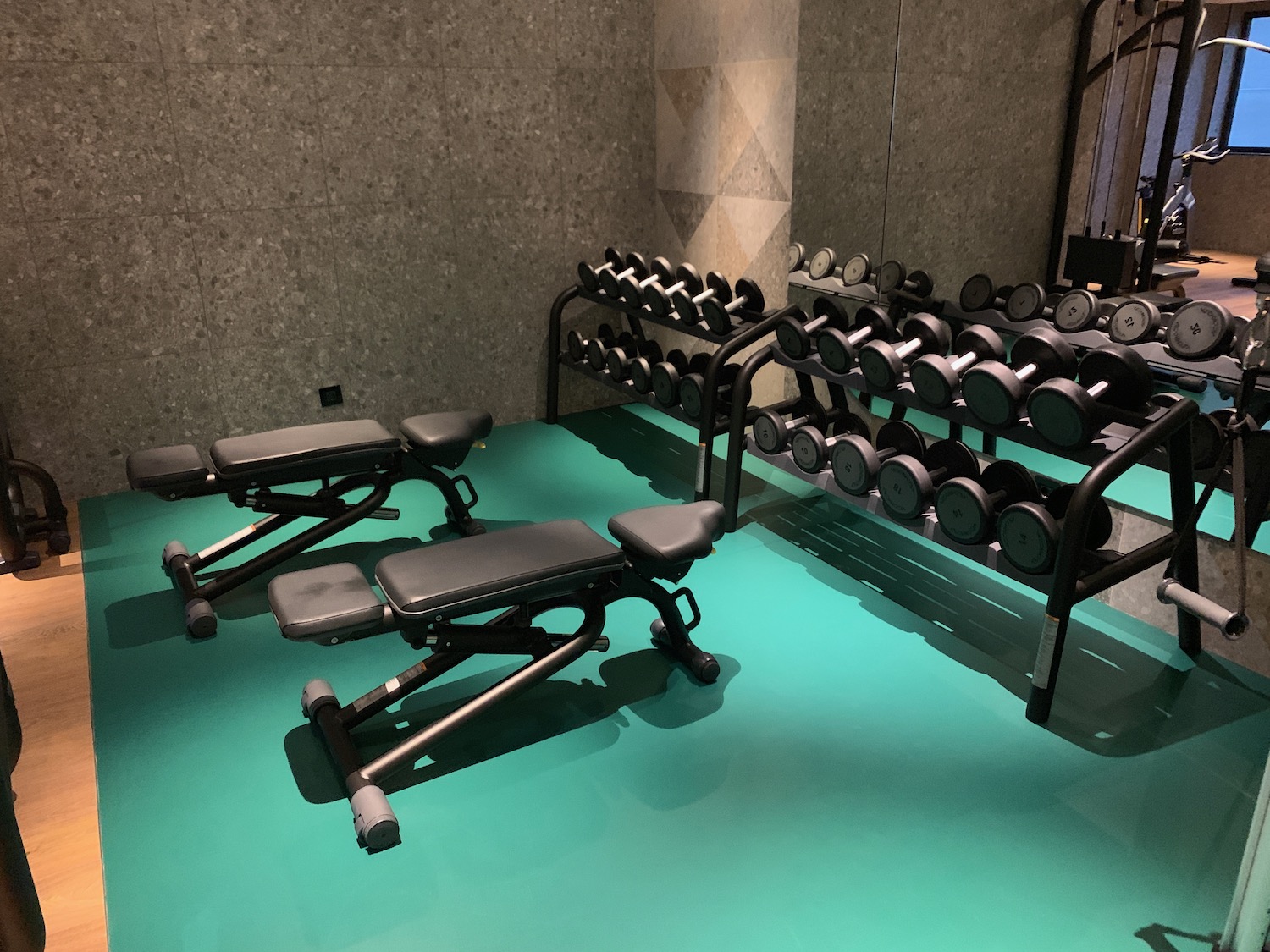 a gym with weights and a bench