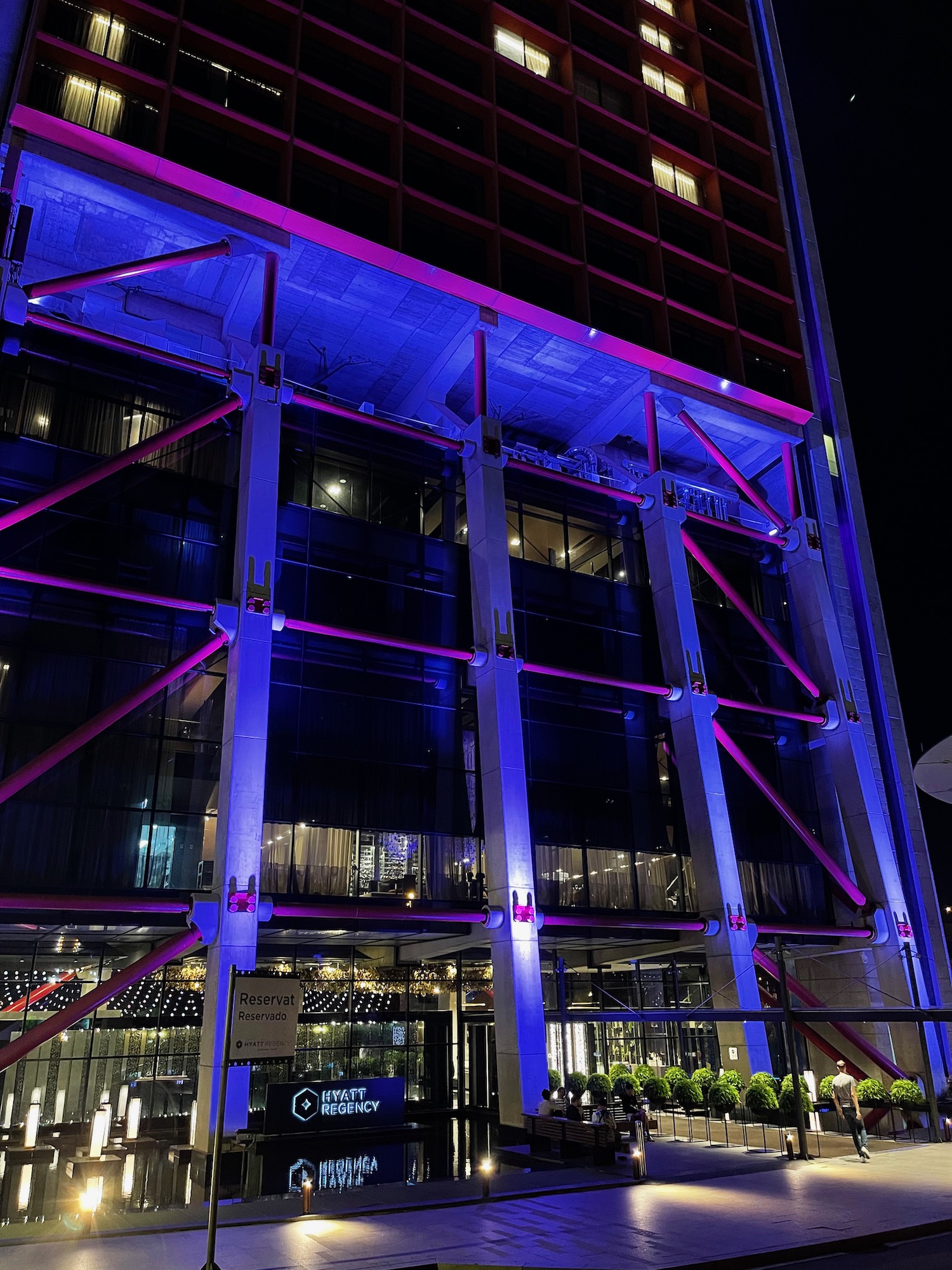 a building with purple lights