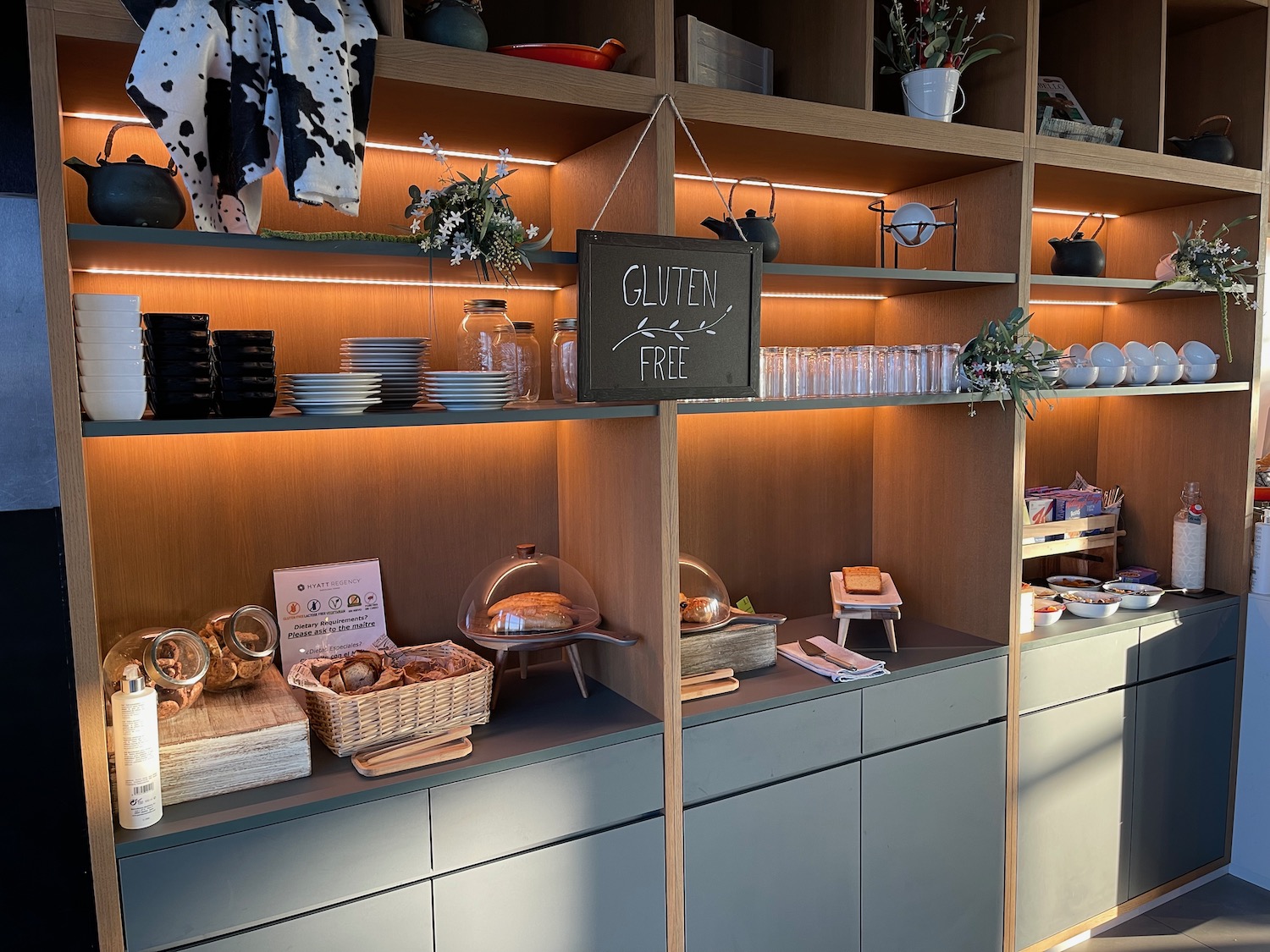 a shelf with food items on it