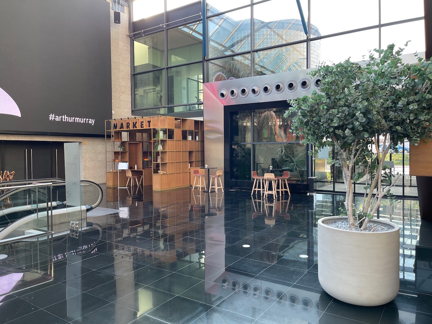 a glass building with a black floor and a potted tree