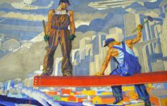 a mosaic of workers on a wall