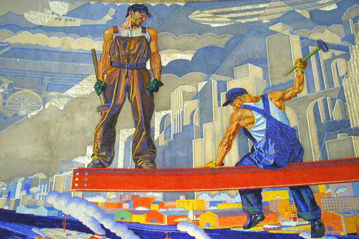 a mosaic of workers on a wall