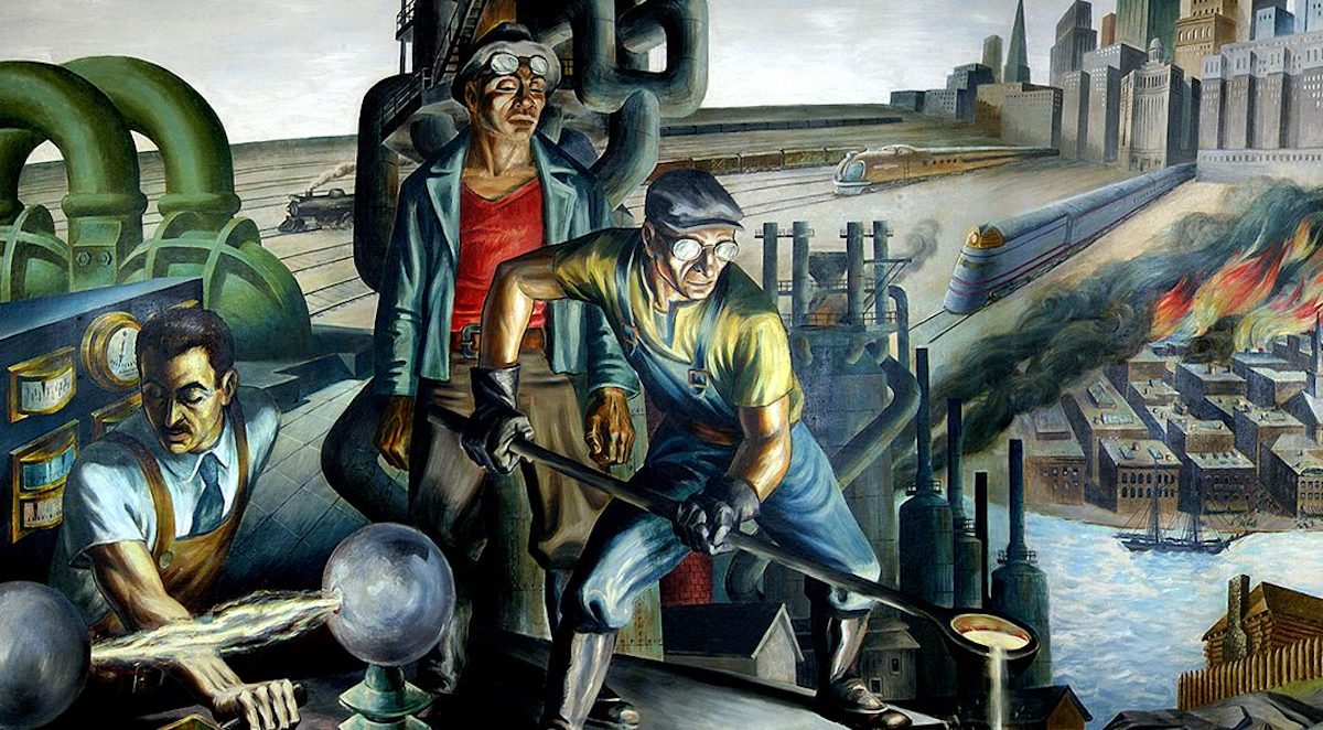 a painting of men working on a factory