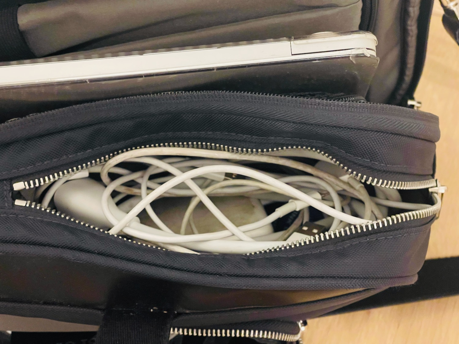 a bag with a zipper and wires inside