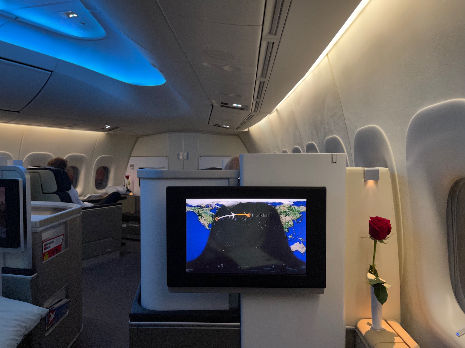 a tv on a wall in an airplane