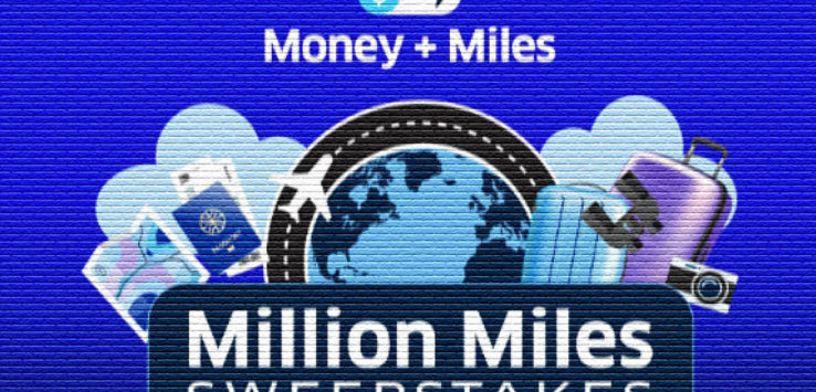 a blue card with a globe and passport and money and miles sweepstakes