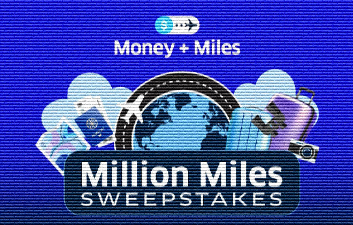 a blue card with a globe and passport and money and miles sweepstakes