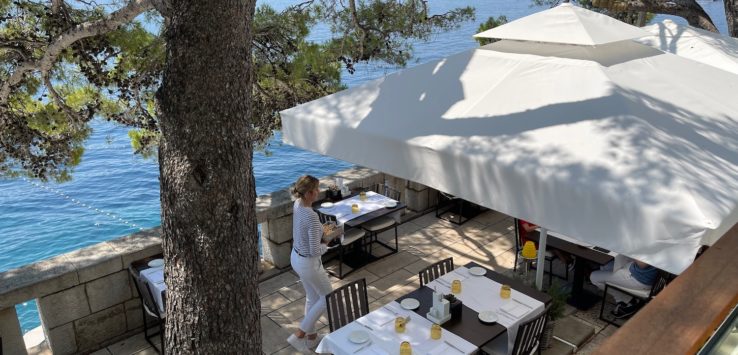 a woman walking on a patio near a body of water