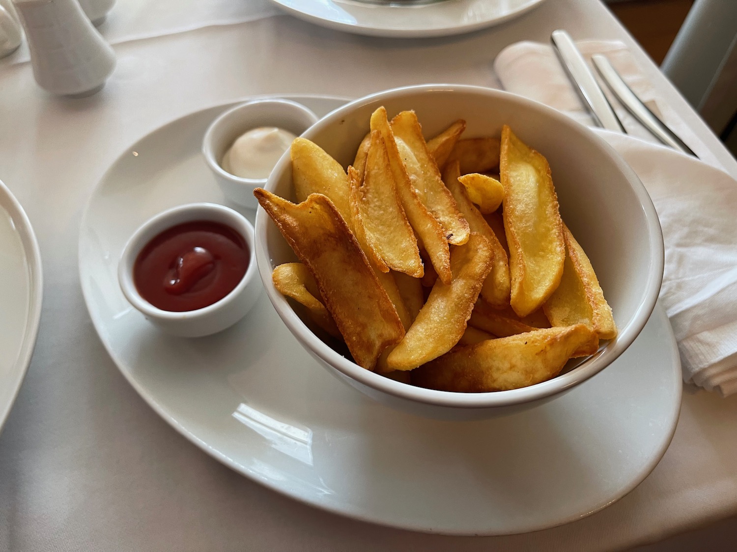 a bowl of french fries with sauce on a plate