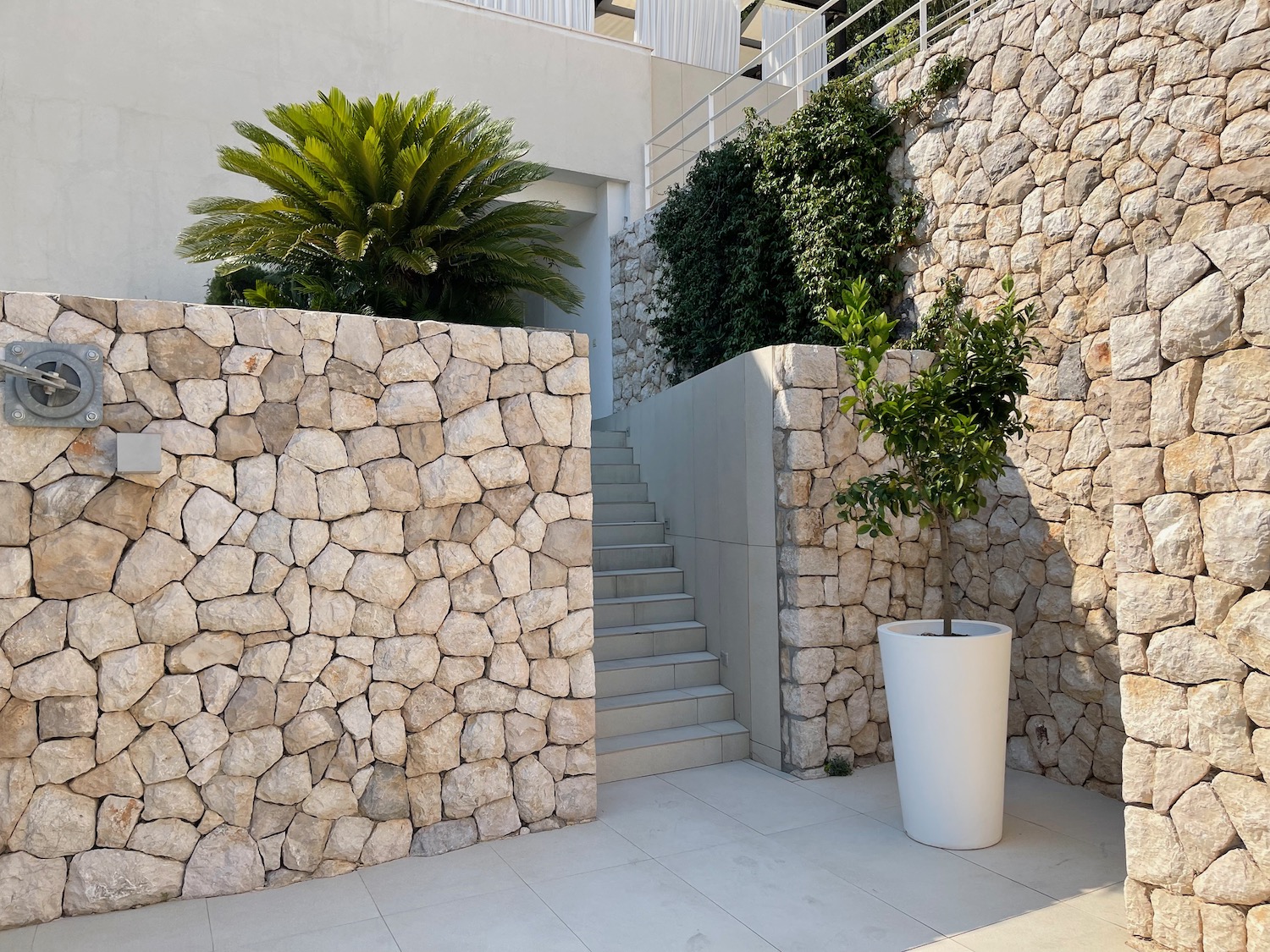 a stone wall with a staircase and a potted plant