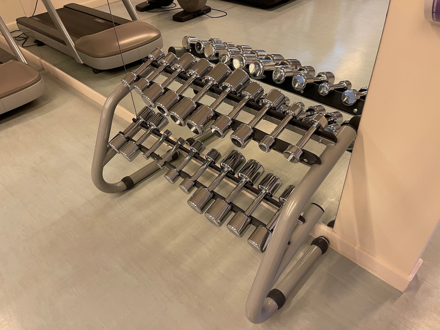 a set of dumbbells on a rack