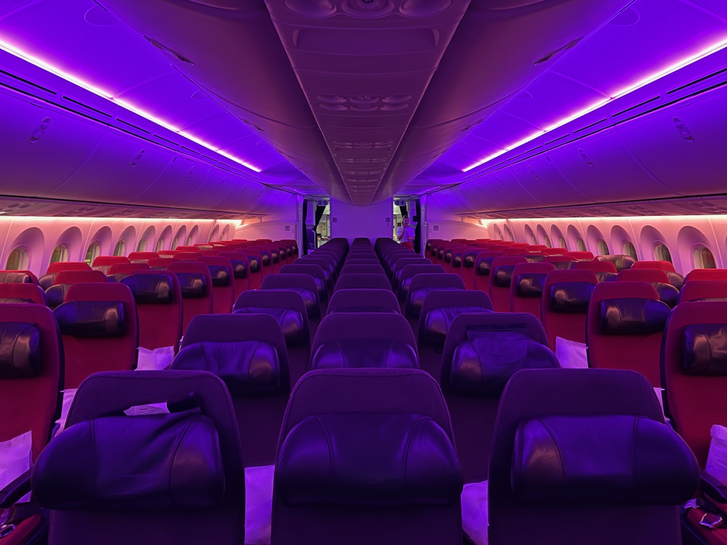 an airplane with purple seats