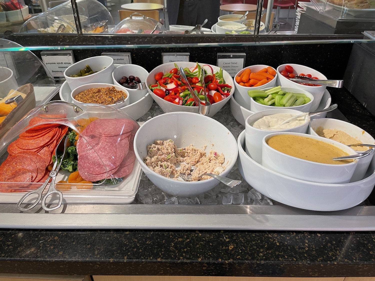 a buffet with different food items