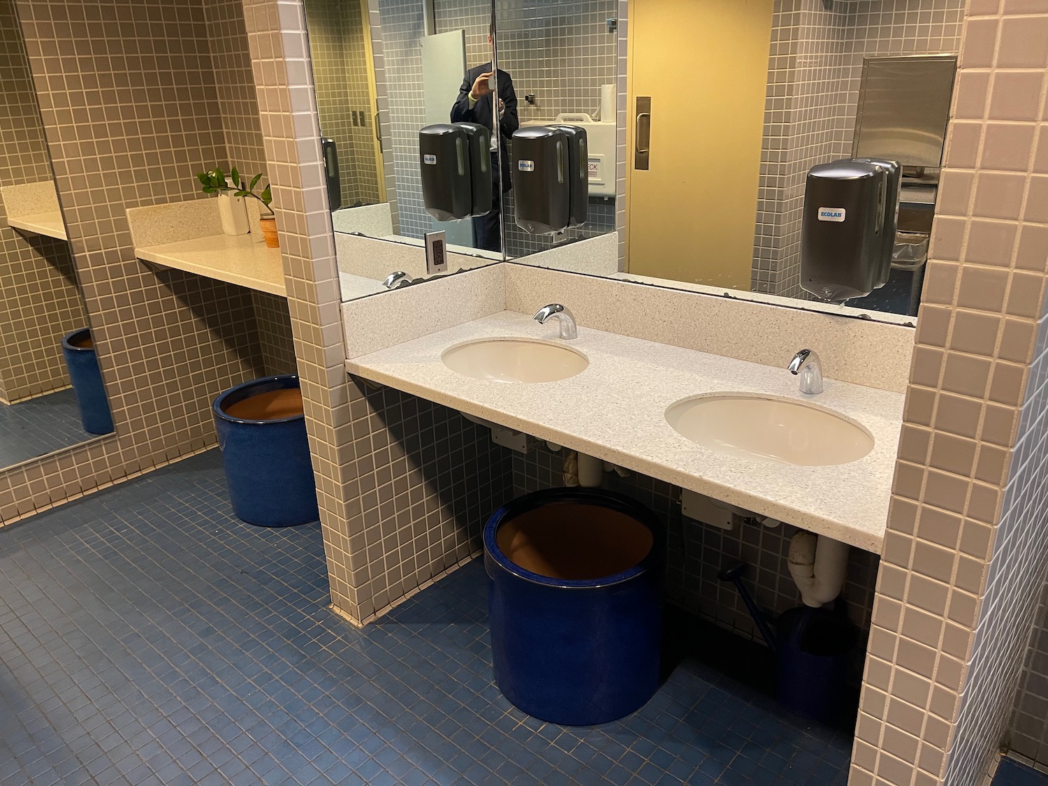 a bathroom with sinks and a large mirror