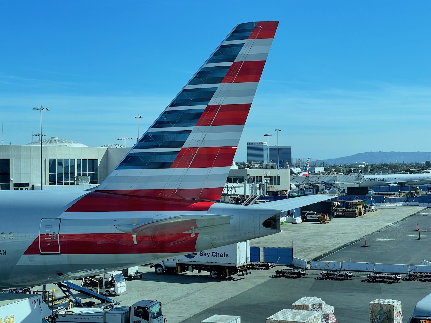 an airplane with a red white and blue stripe on it
