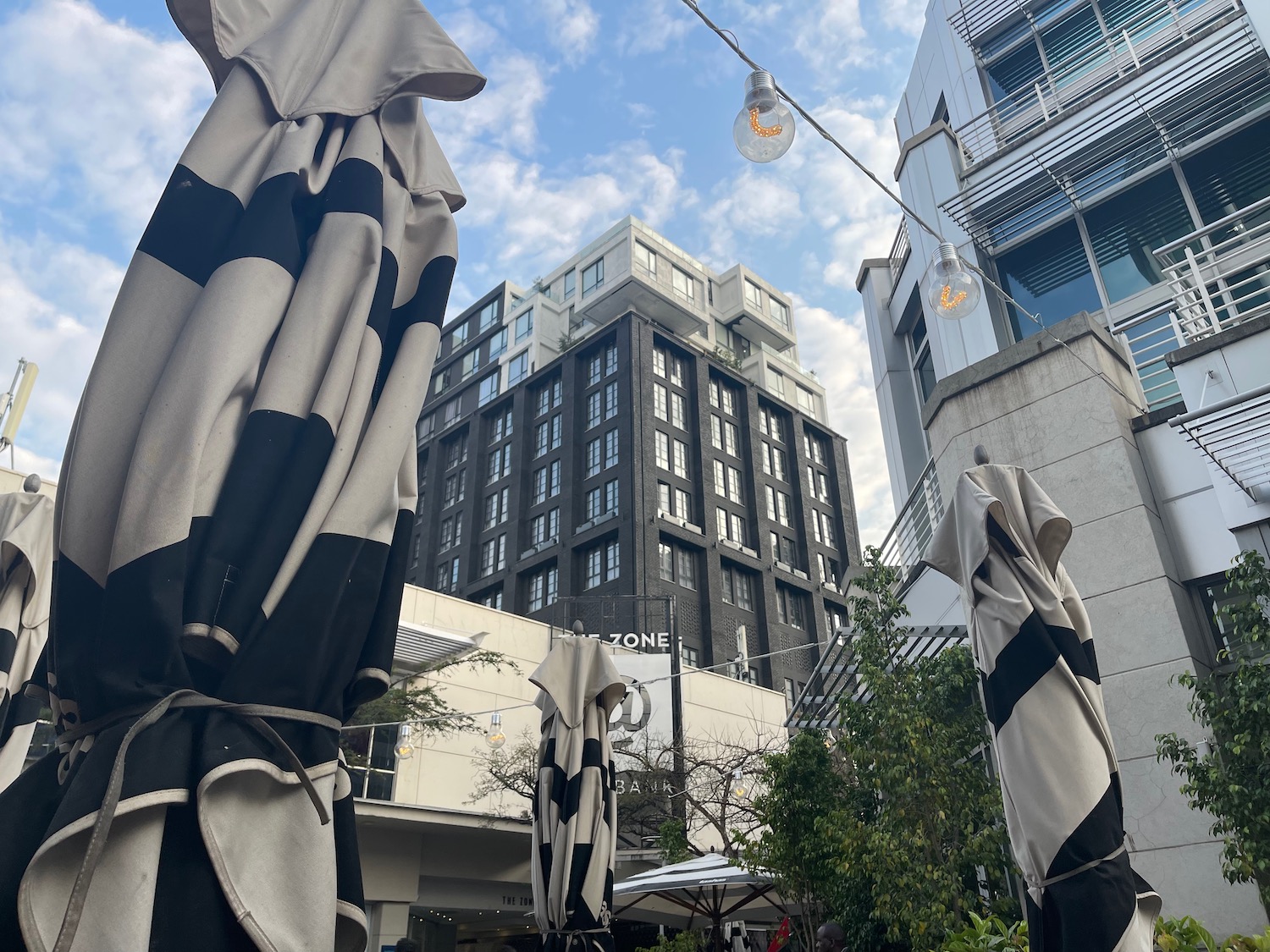 a group of umbrellas in a city