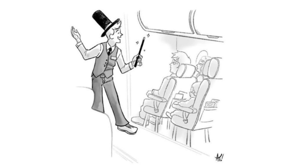 a cartoon of a man in a hat and vest standing in a plane