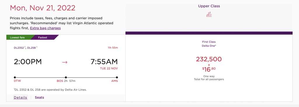 Delta Air Lines Detroit-Boston-Amsterdam 77k booked by Virgin Atlantic